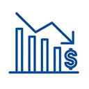 Icon of a bar graph showing decline and a dollar sign