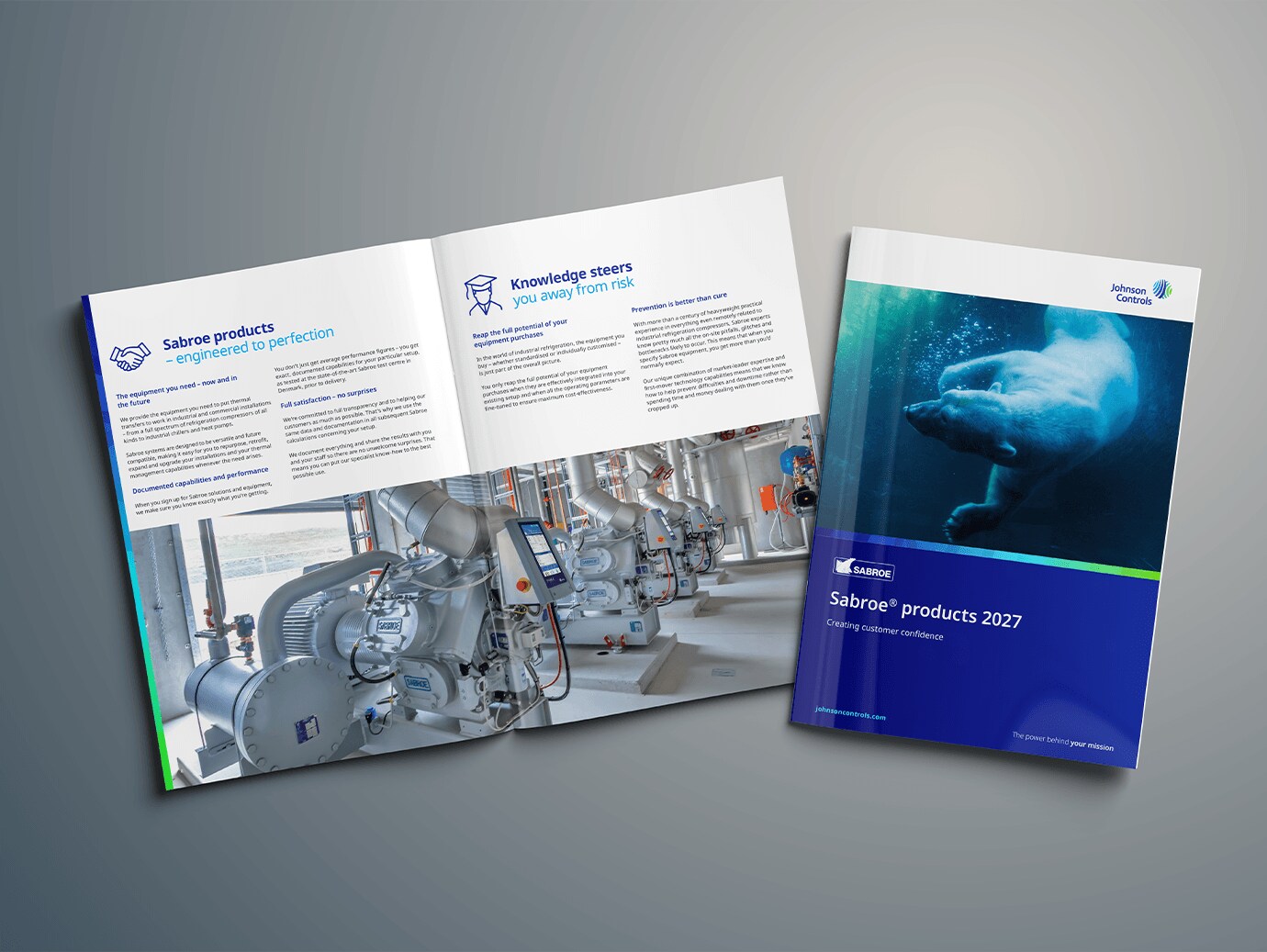 An open corporate brochure and a matching cover booklet laid out on a flat surface